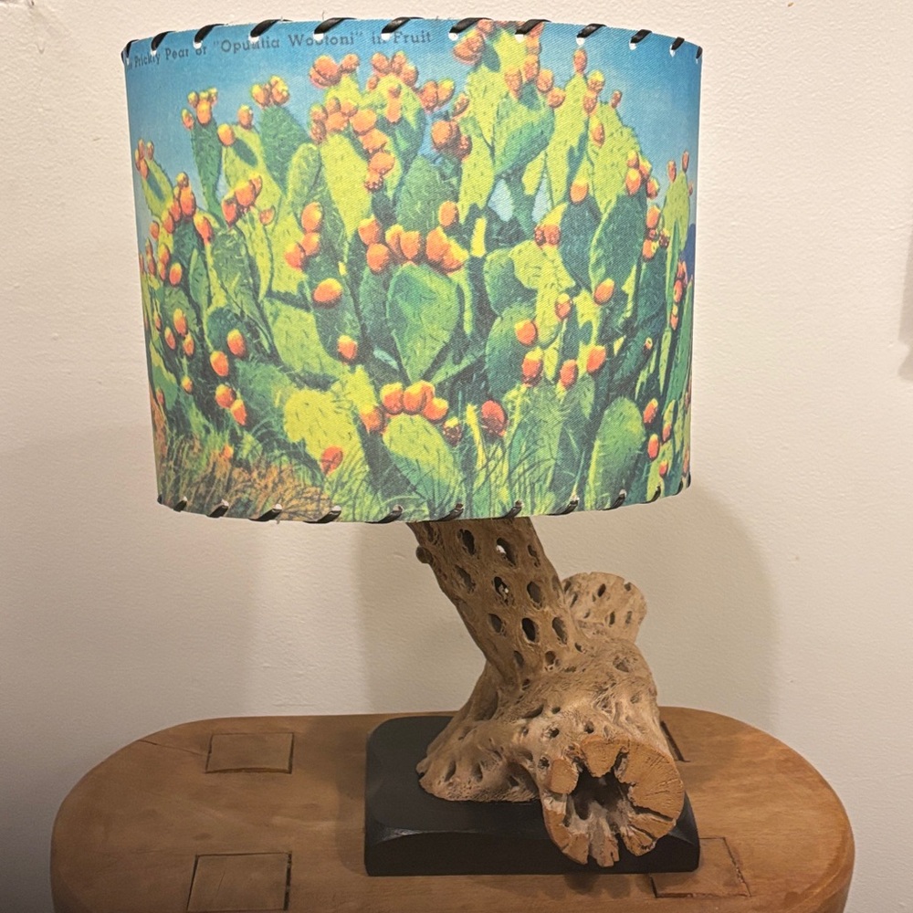 VINTAGE CHOLLA LAMP with PEAR BLOSSOM SHADE